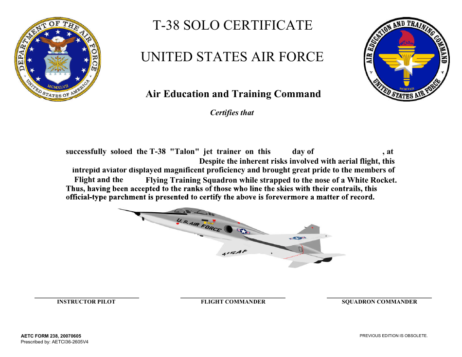 AETC Form 238 T-38 Solo Certificate, Page 1