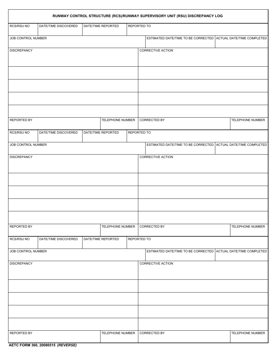 AETC Form 360 Runway Control Structure (Rcs) / Runway Supervisory Unit (Rsu) Discrepancy Log, Page 2