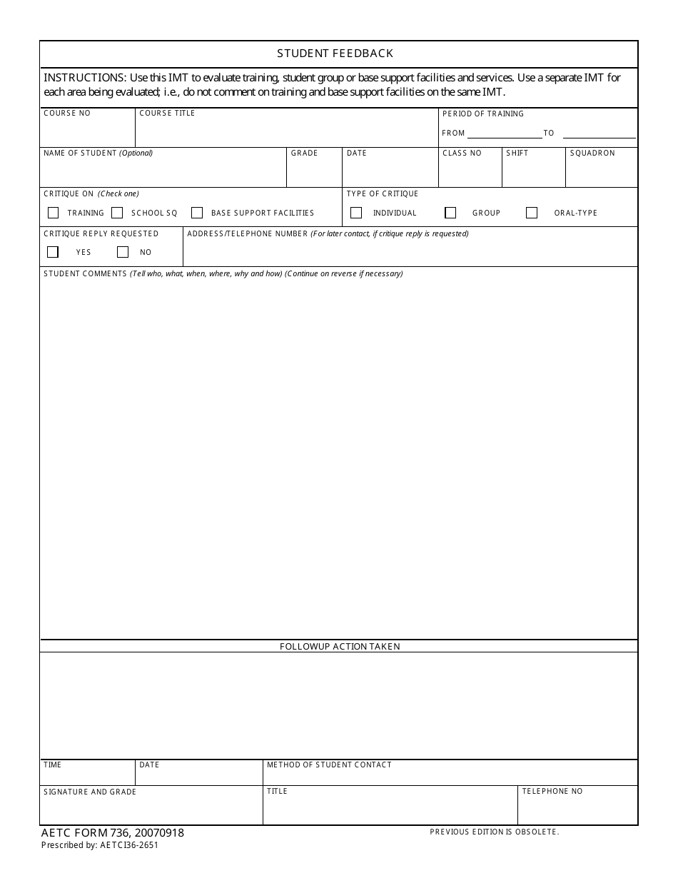 AETC Form 736 Student Feedback, Page 1