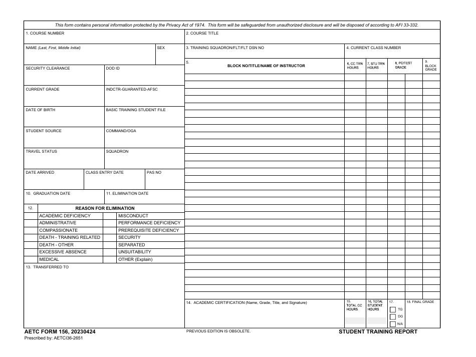 AETC Form 156 Student Training Report, Page 1
