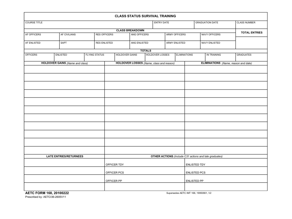 AETC Form 168 Class Status Survival Training, Page 1