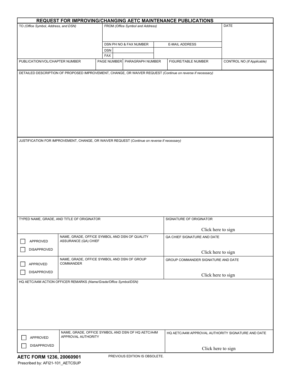 AETC Form 1236 Request for Improving / Changing Aetc Maintenance Publications, Page 1