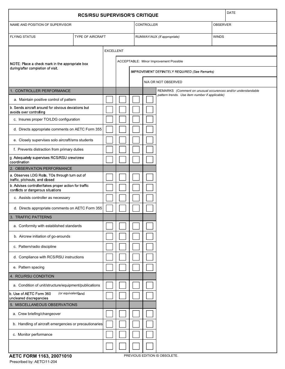 AETC Form 1163 Rcs / Rsu Supervisors Critique, Page 1