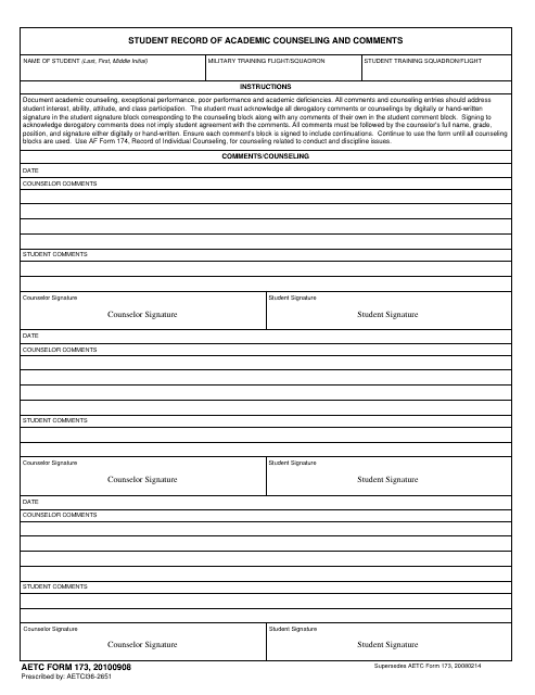 AETC Form 173 Student Record of Academic Counseling and Comments