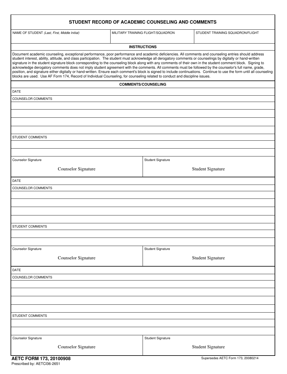 AETC Form 173 Student Record of Academic Counseling and Comments, Page 1