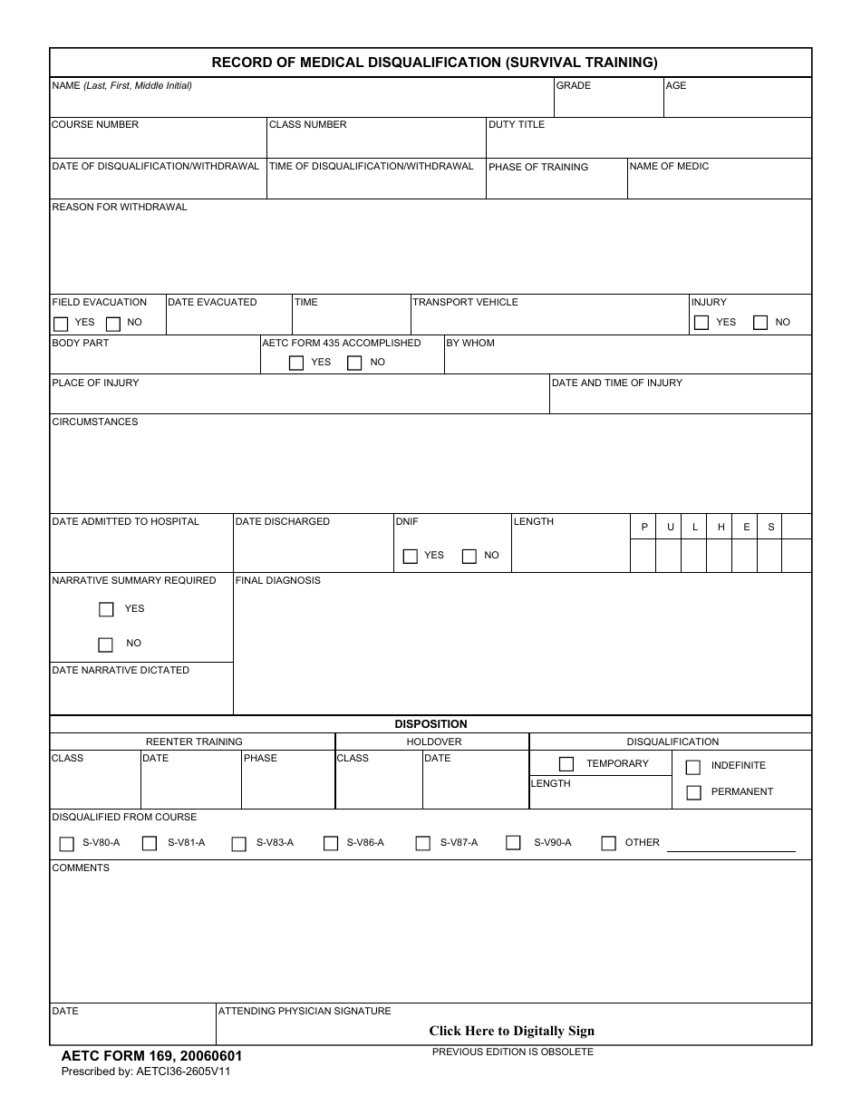 AETC Form 169 Record of Medical Disqualification (Survival Training), Page 1