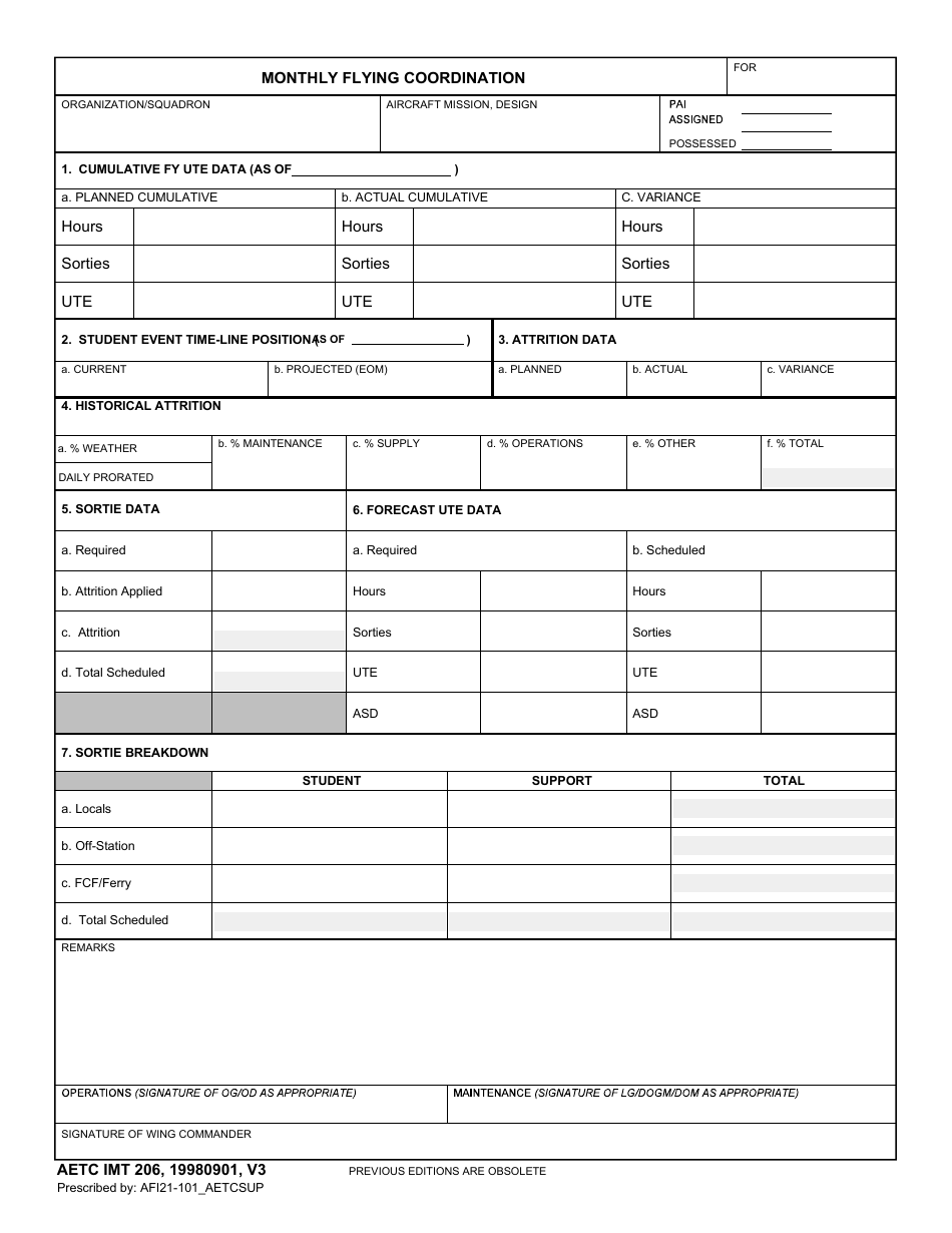 AETC IMT Form 206 Monthly Flying Coordination, Page 1