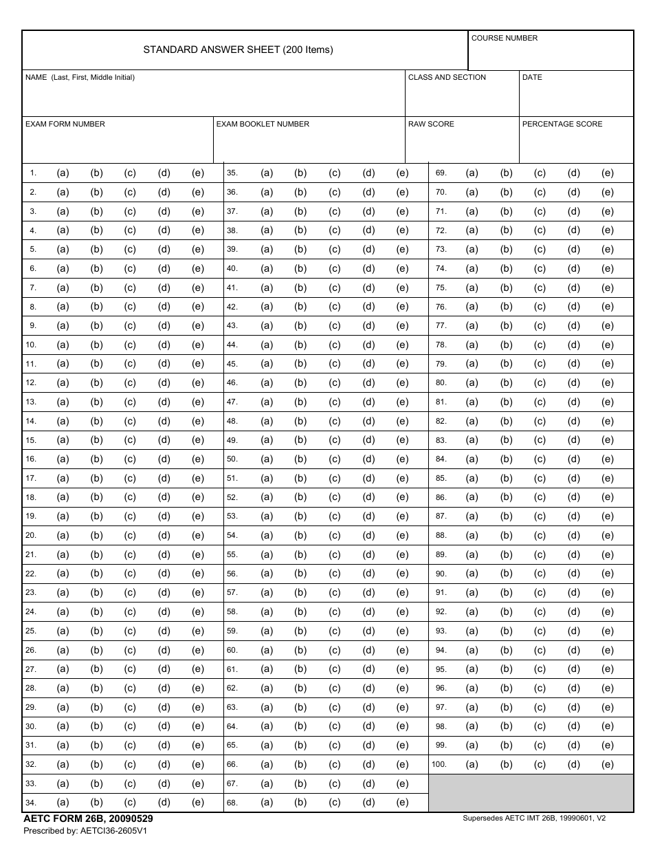 AETC Form 26B Standard Answer Sheet (200 Items), Page 1