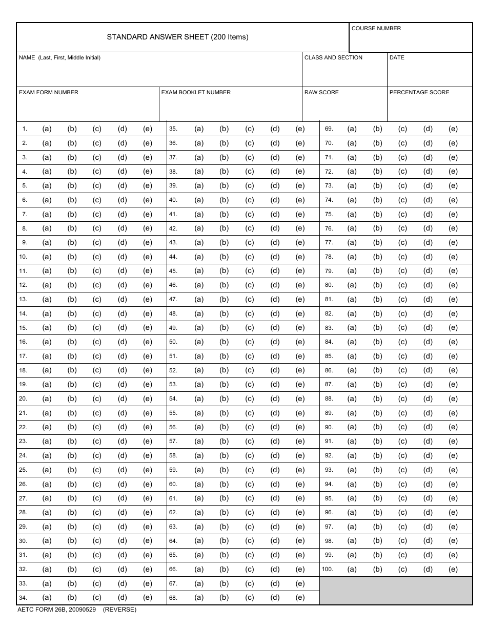 AETC Form 26B Standard Answer Sheet (200 Items), Page 2