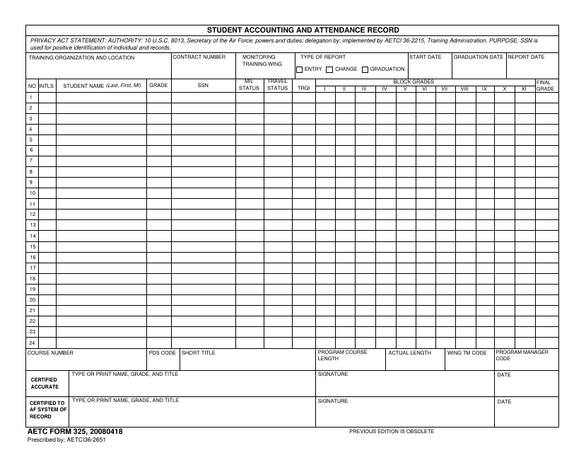 AETC Form 325 Student Accounting and Attendance Record