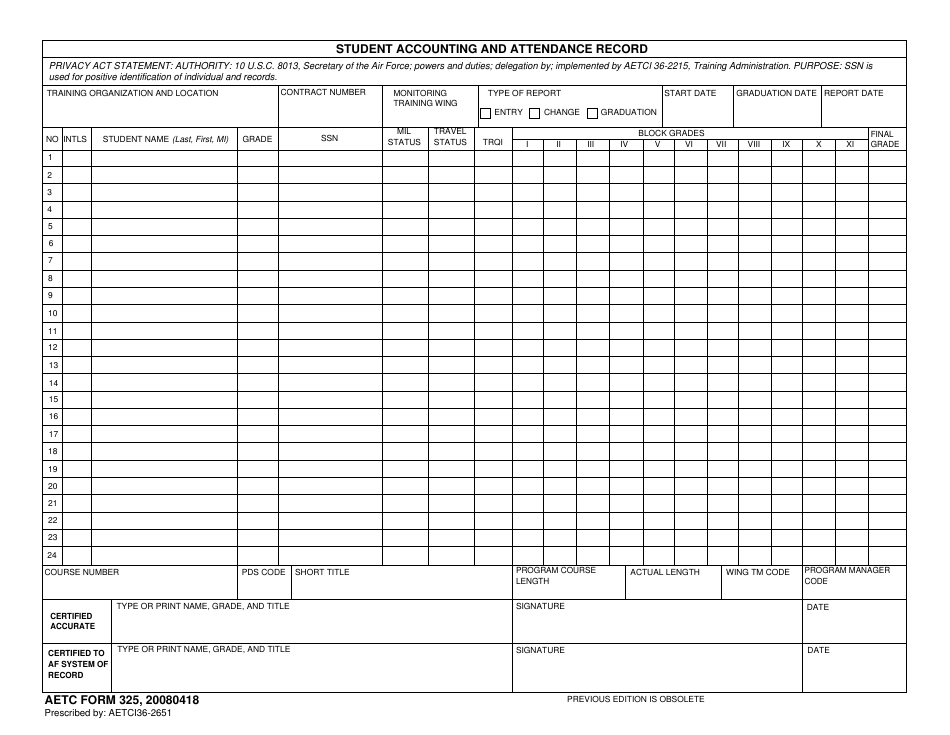 AETC Form 325 Student Accounting and Attendance Record, Page 1