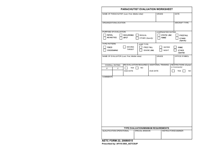 AETC Form 22 Parachutist Evaluation Worksheet