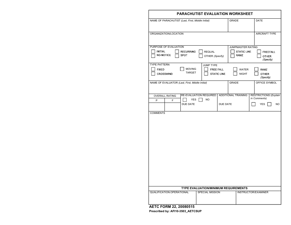 AETC Form 22 Parachutist Evaluation Worksheet, Page 1