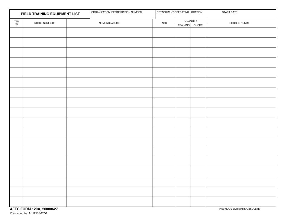 AETC Form 120A Field Training Equipment List, Page 1