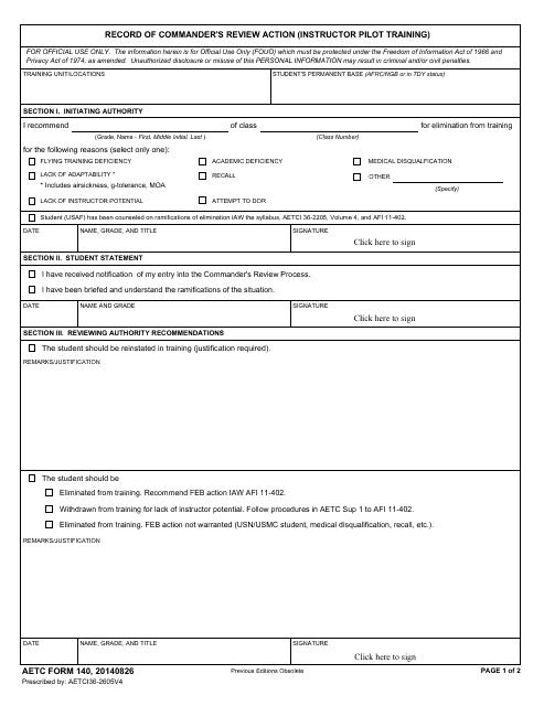 AETC Form 140 Record of Commander's Review Action (Instructor Pilot Training)