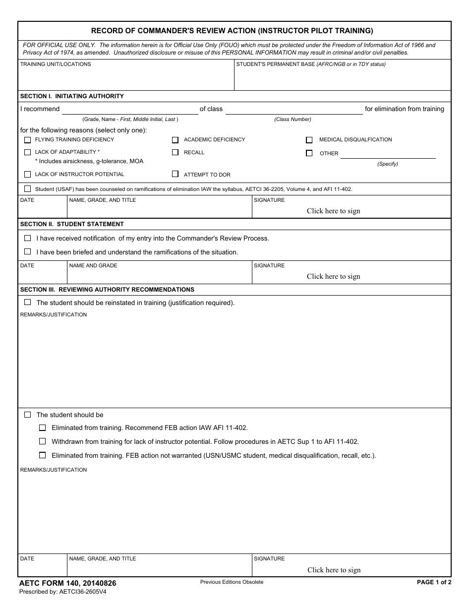 AETC Form 140 Record of Commanders Review Action (Instructor Pilot Training), Page 1