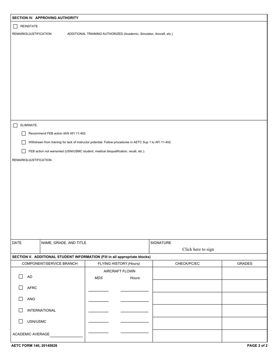 AETC Form 140 Record of Commanders Review Action (Instructor Pilot Training), Page 2
