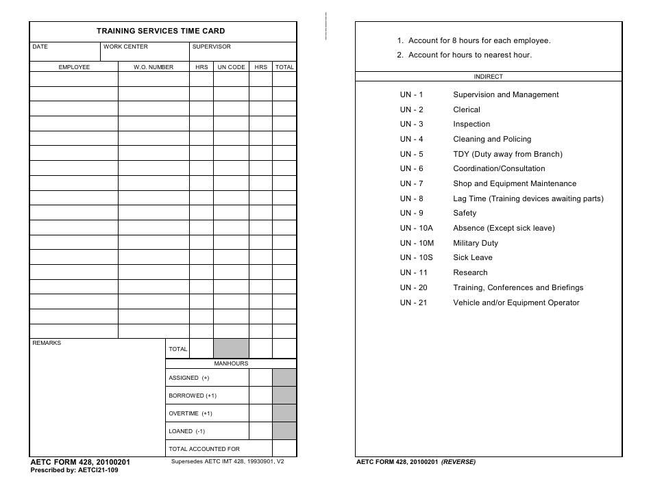 AETC Form 428 Training Services Time Card, Page 1