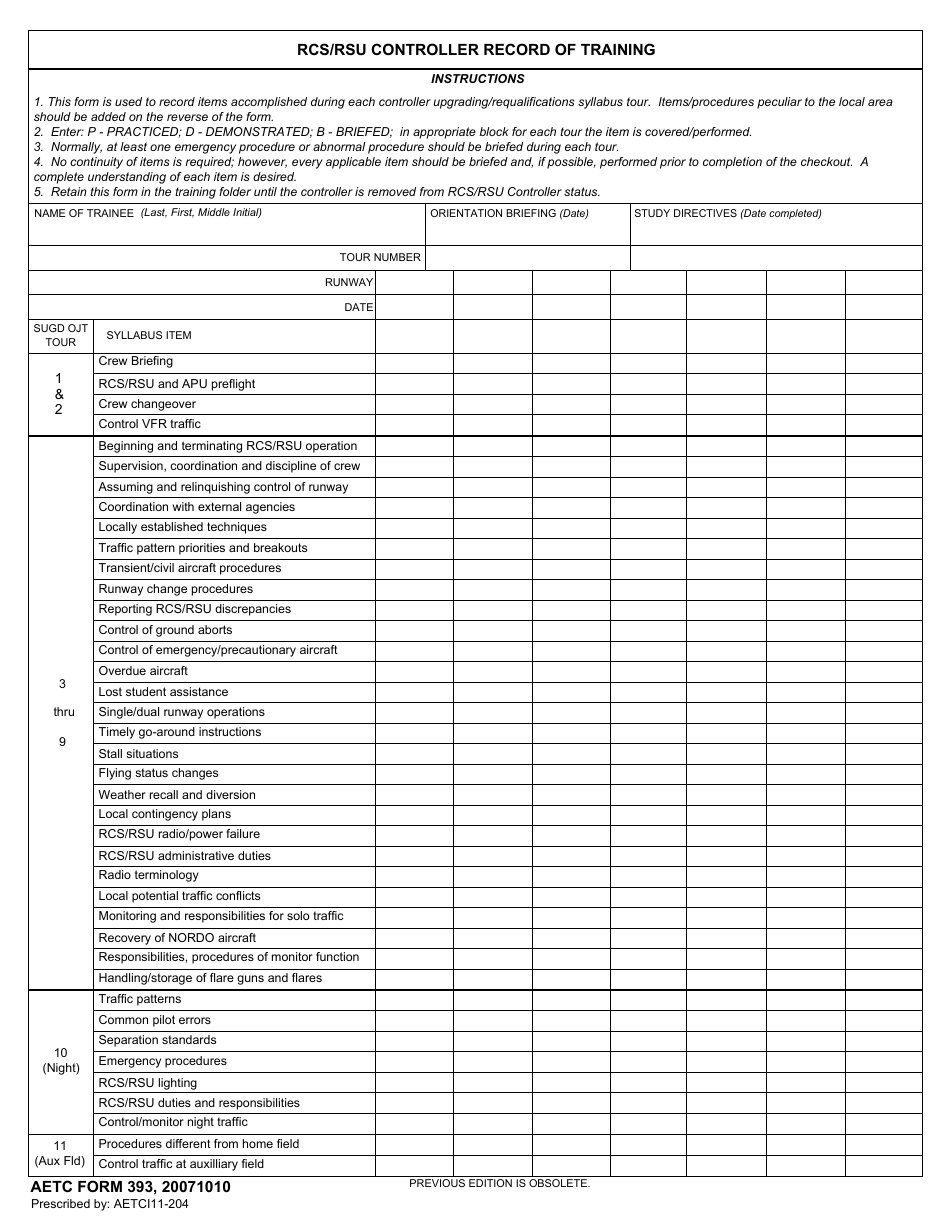 AETC Form 393 Rcs / Rsu Controller Record of Training, Page 1