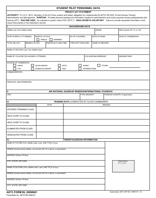 AETC Form 99 Student Pilot Personnel Data