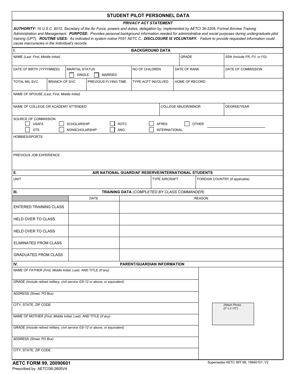 AETC Form 99 Student Pilot Personnel Data, Page 1