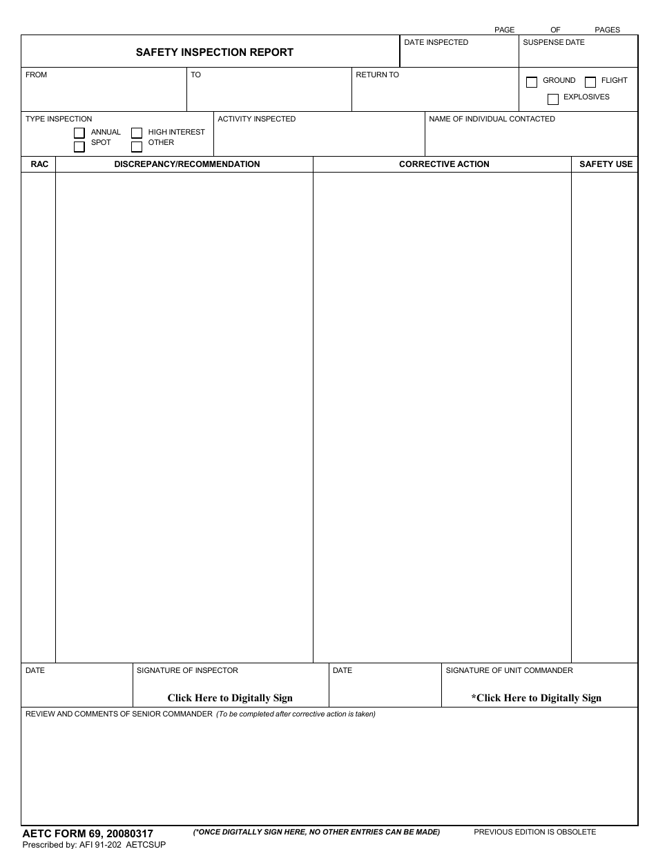 AETC Form 69 Safety Inspection Report, Page 1