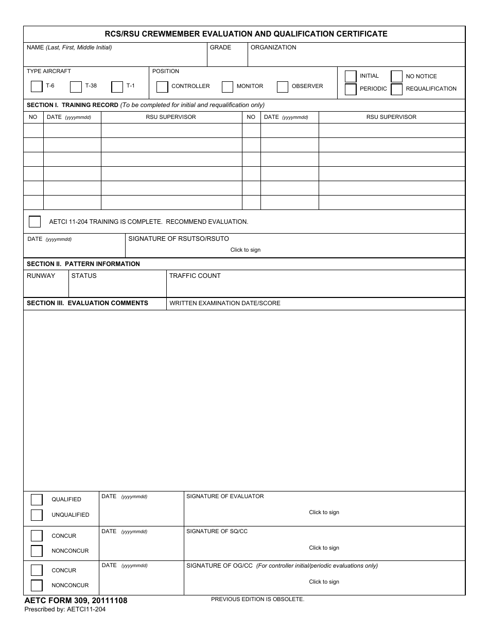 AETC Form 309 Rcs / Rsu Crewmember Evaluation and Qualification Certificate, Page 1