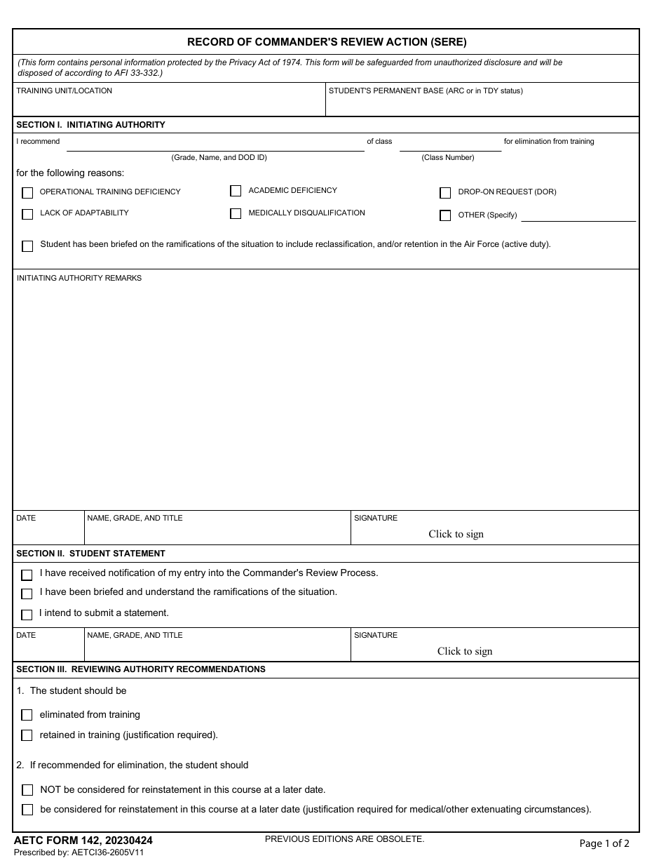 AETC Form 142 Download Fillable PDF or Fill Online Record of Commander ...