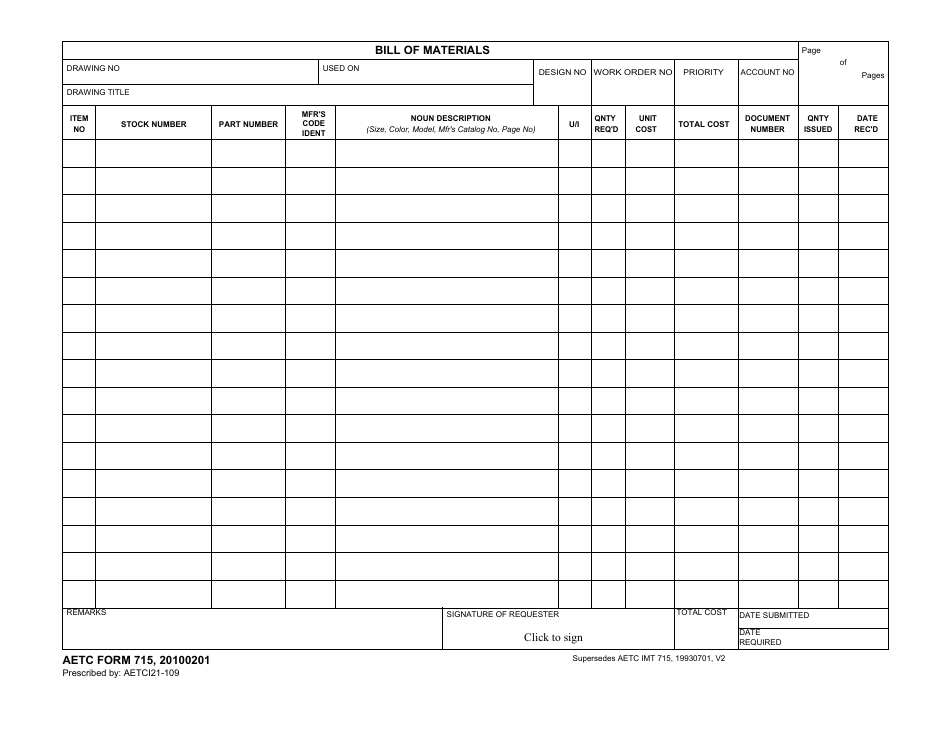 AETC Form 715 Bill of Materials, Page 1