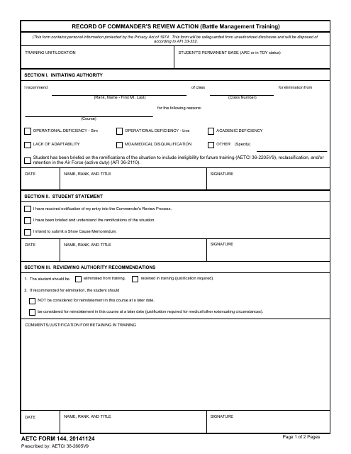 AETC Form 144 Record of Commander's Review Action (Battle Management Training)