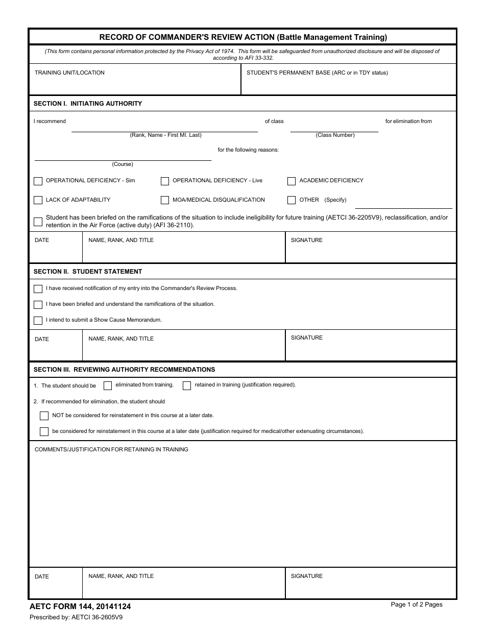 AETC Form 144 Record of Commanders Review Action (Battle Management Training), Page 1