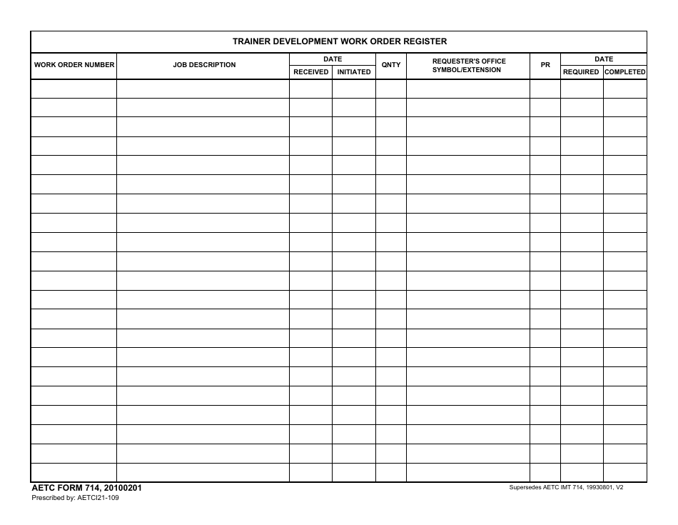 AETC Form 714 Trainer Development Work Order Register, Page 1