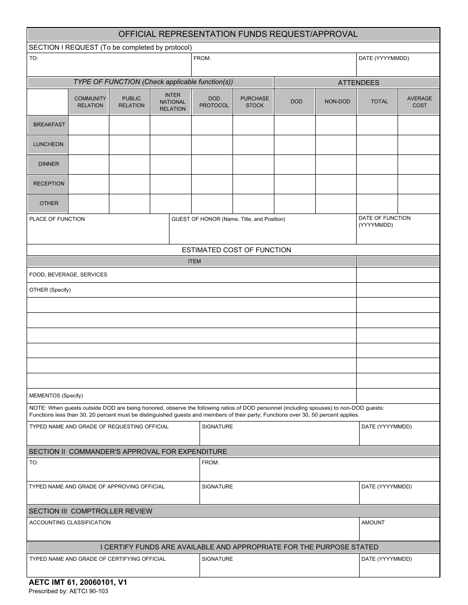 AETC IMT Form 61 Official Representation Funds Request / Approval, Page 1
