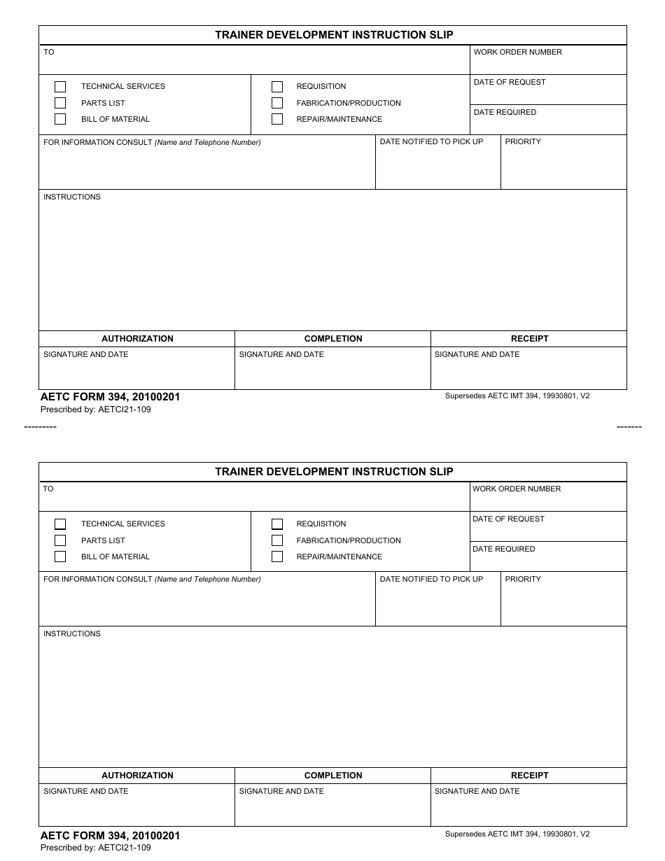 AETC Form 394 Trainer Development Instruction Slip, Page 1