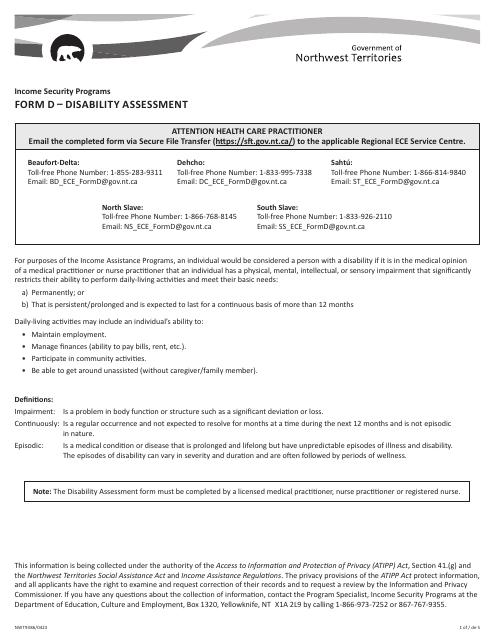 Form D (NWT9386) Disability Assessment - Income Security Programs - Northwest Territories, Canada