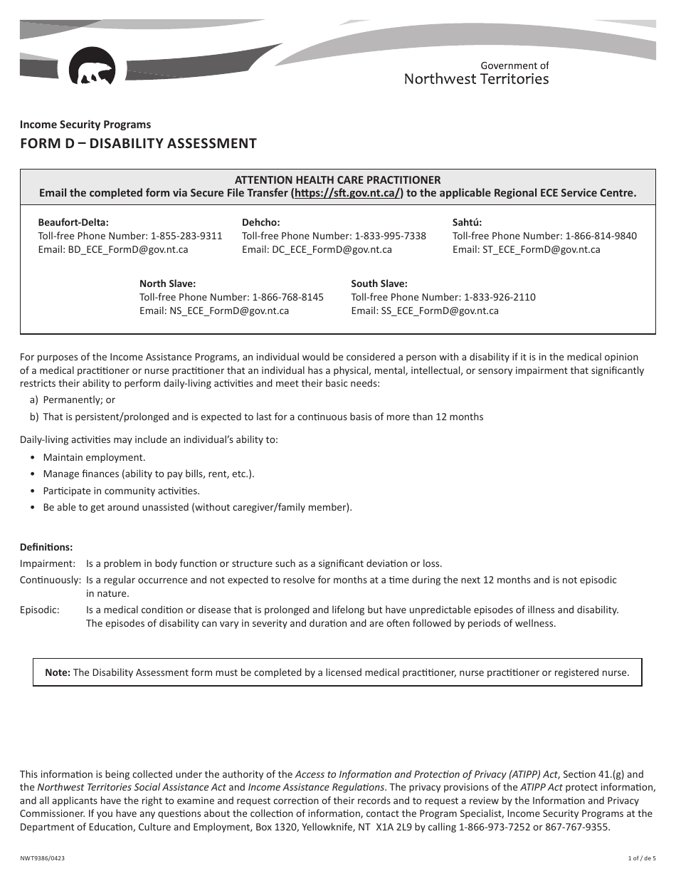 Form D (NWT9386) Disability Assessment - Income Security Programs - Northwest Territories, Canada, Page 1