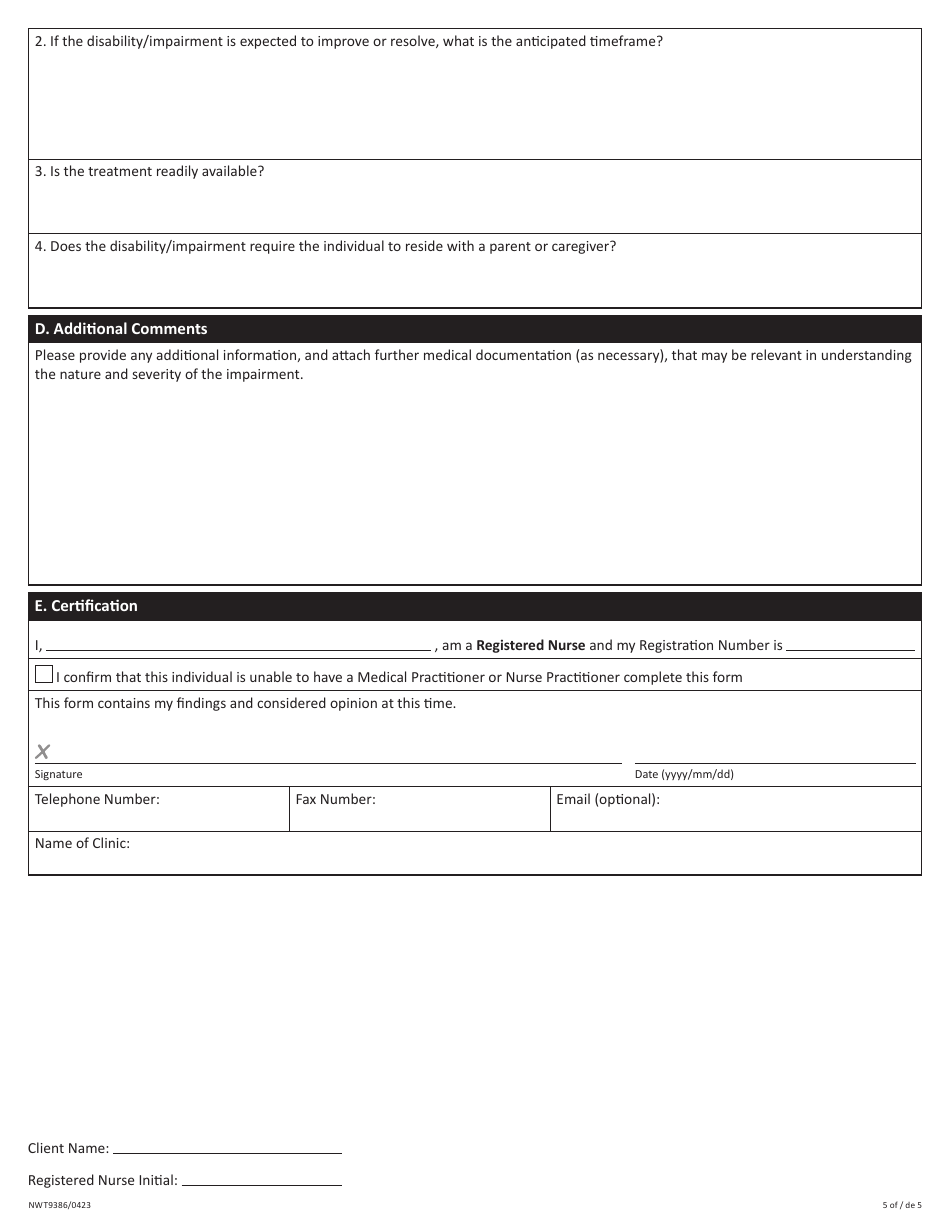 Form D (NWT9386) Disability Assessment - Income Security Programs - Northwest Territories, Canada, Page 5