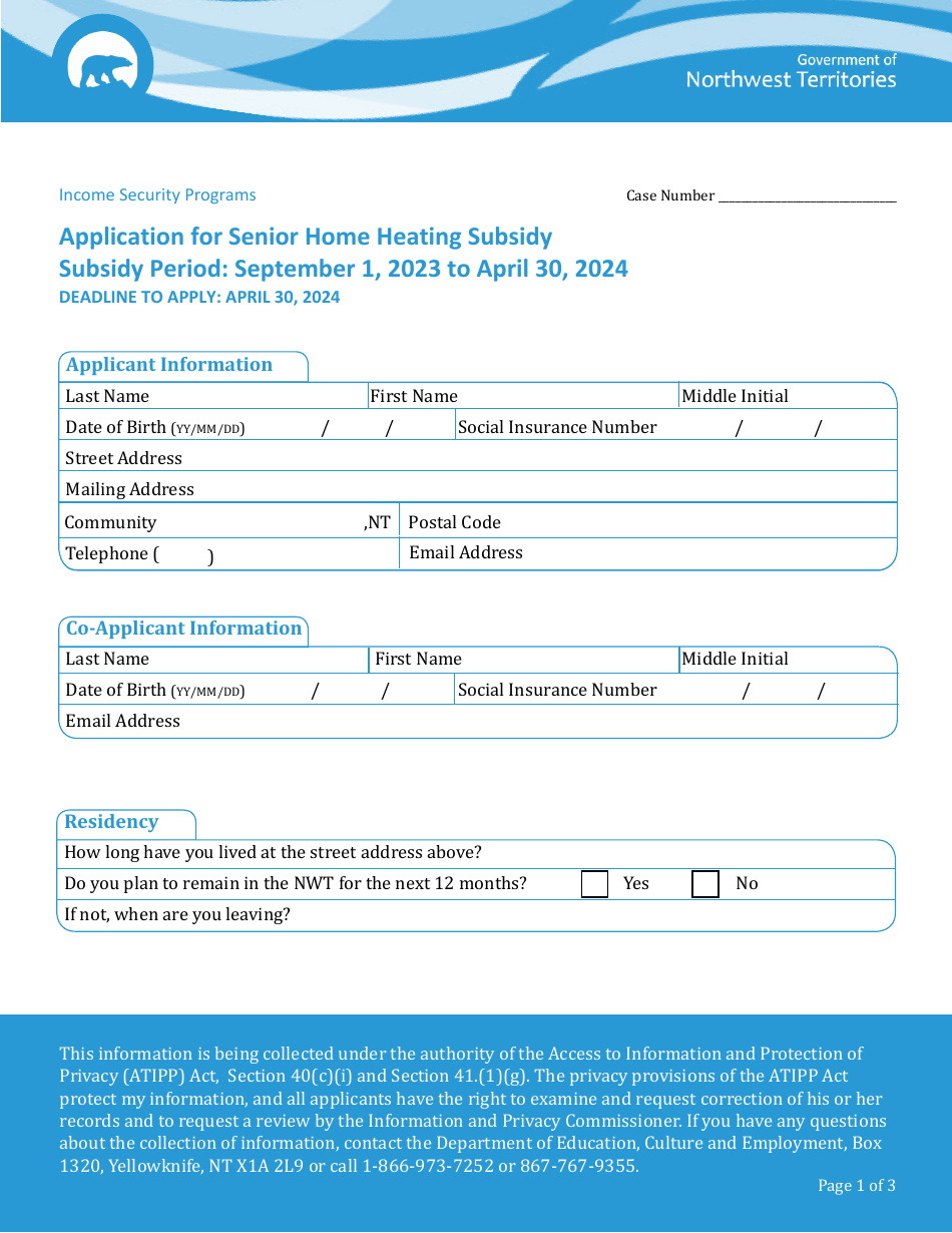 Application for Senior Home Heating Subsidy - Northwest Territories, Canada, Page 1