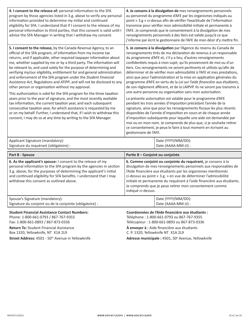 Form NWT8711 Application for Full-Time Student Financial Assistance - Income Security Programs - Northwest Territories, Canada (English / French), Page 10
