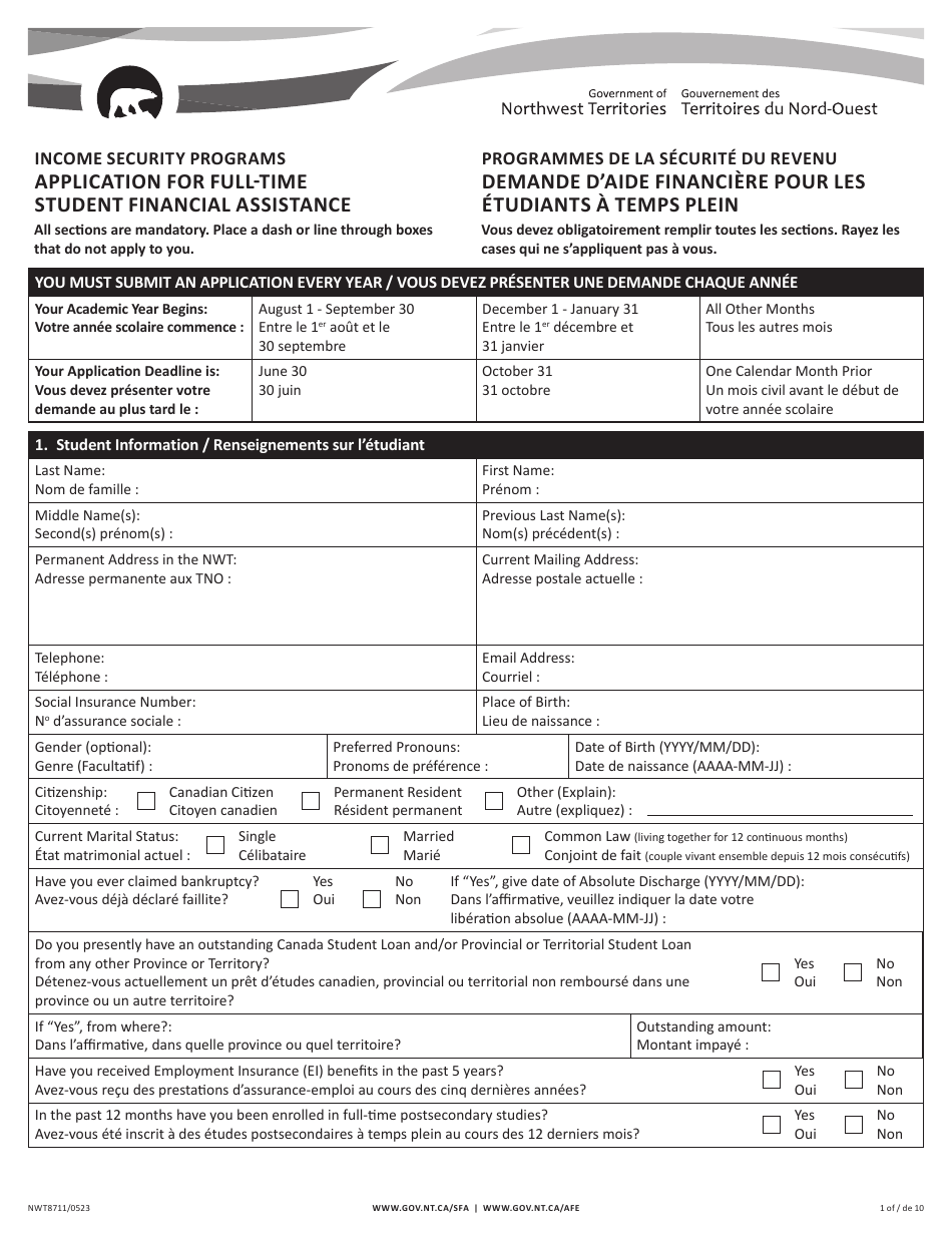 Form NWT8711 Application for Full-Time Student Financial Assistance - Income Security Programs - Northwest Territories, Canada (English / French), Page 1