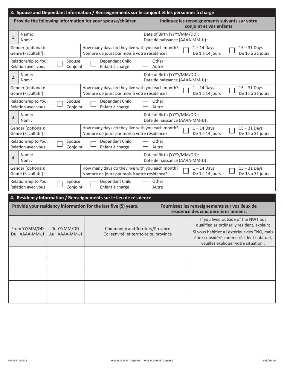 Form NWT8711 Application for Full-Time Student Financial Assistance - Income Security Programs - Northwest Territories, Canada (English / French), Page 3
