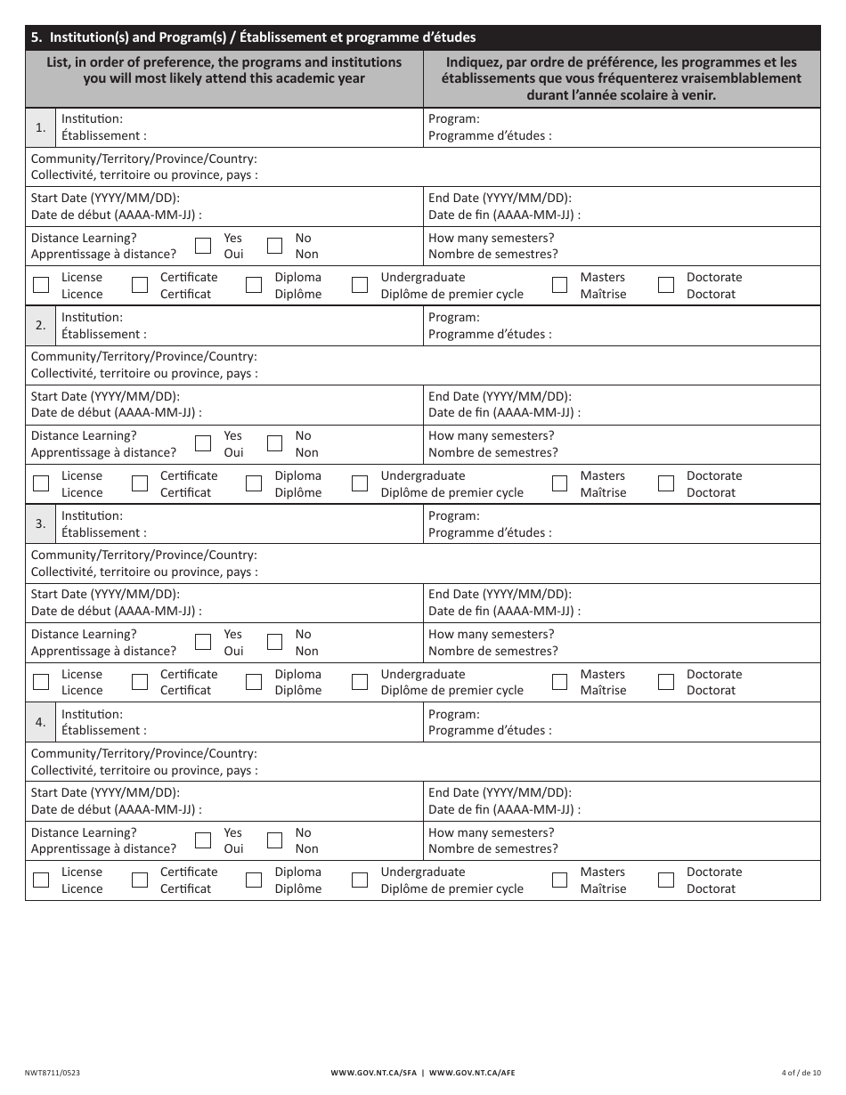 Form NWT8711 Application for Full-Time Student Financial Assistance - Income Security Programs - Northwest Territories, Canada (English / French), Page 4