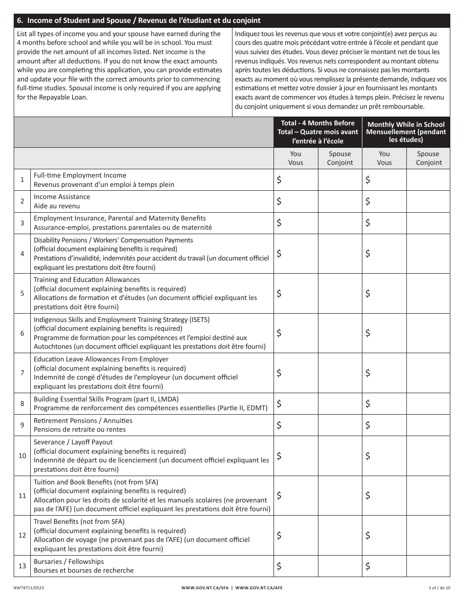 Form NWT8711 Application for Full-Time Student Financial Assistance - Income Security Programs - Northwest Territories, Canada (English / French), Page 5