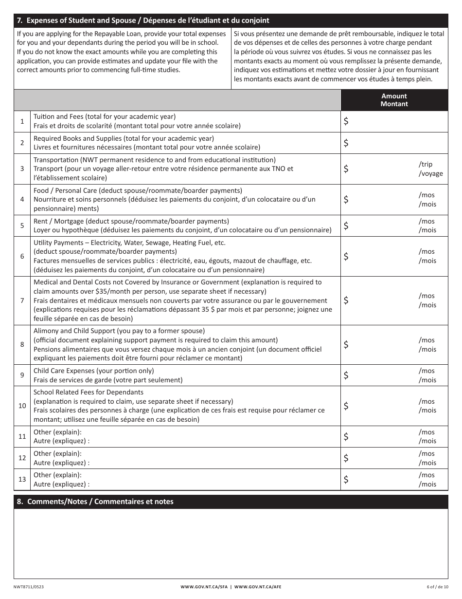Form NWT8711 Application for Full-Time Student Financial Assistance - Income Security Programs - Northwest Territories, Canada (English / French), Page 6