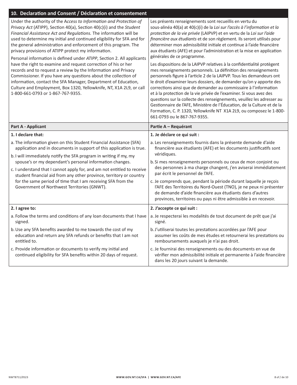 Form NWT8711 Application for Full-Time Student Financial Assistance - Income Security Programs - Northwest Territories, Canada (English / French), Page 8