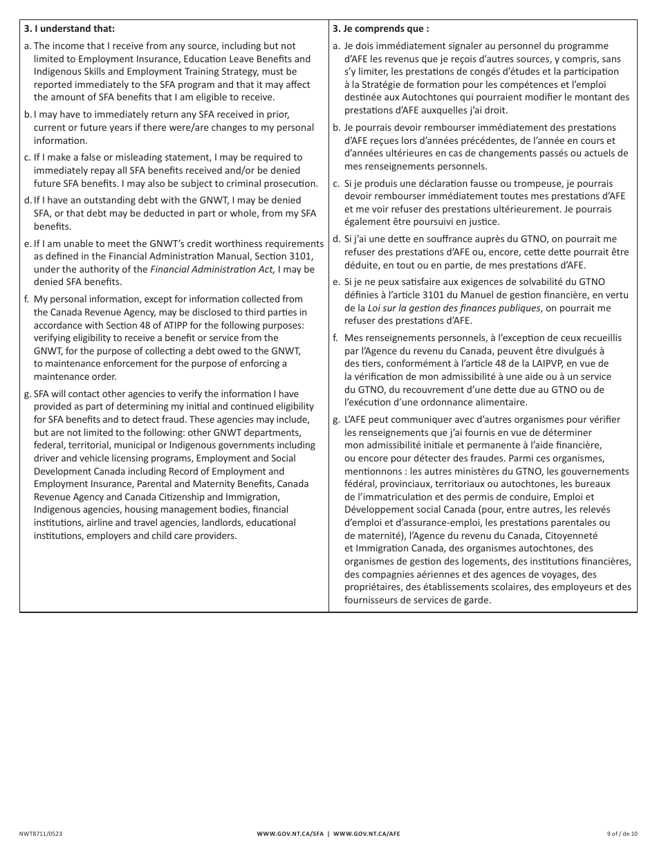 Form NWT8711 Application for Full-Time Student Financial Assistance - Income Security Programs - Northwest Territories, Canada (English / French), Page 9