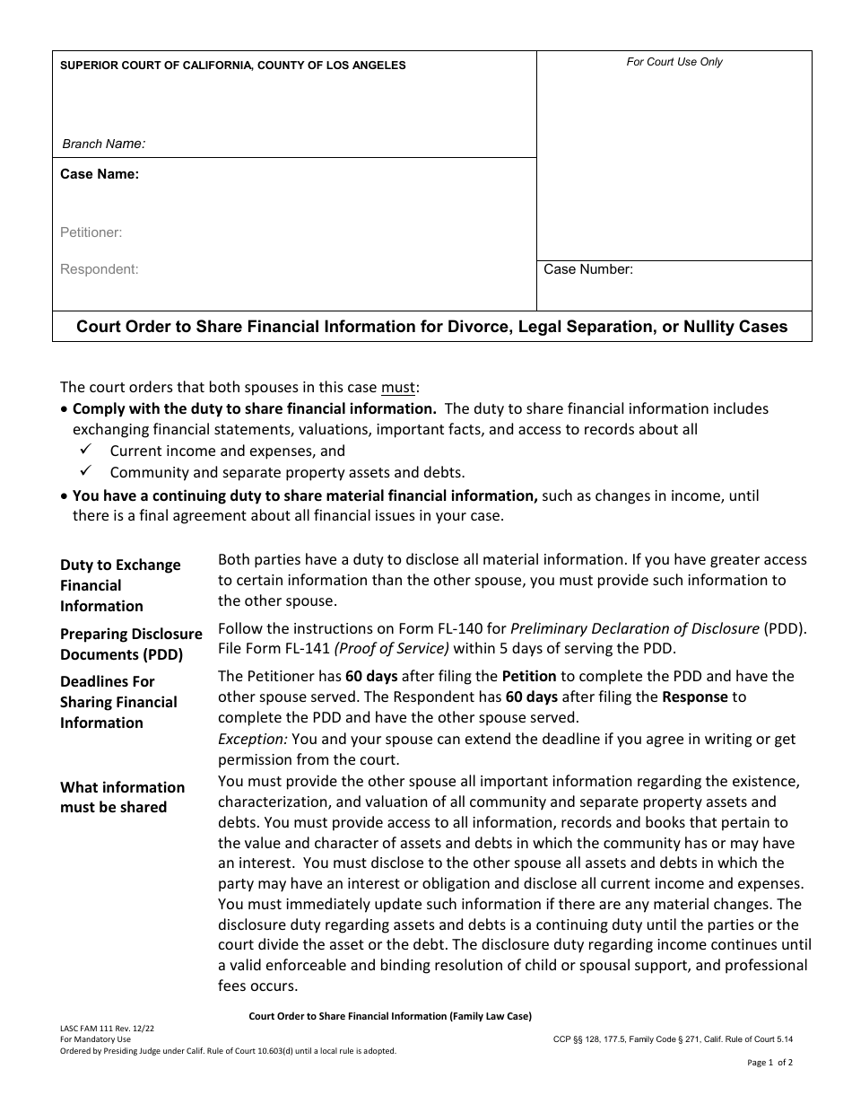 Form FAM111 Court Order to Share Financial Information for Divorce, Legal Separation, or Nullity Cases - County of Los Angeles, California, Page 1