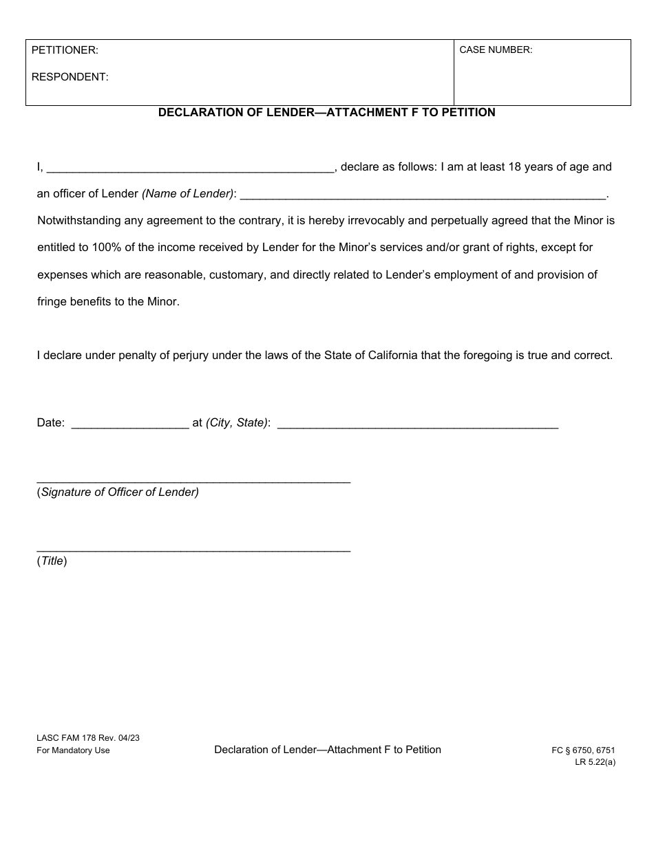 Form LASC FAM178 Attachment F Declaration of Lender - Attachment to Petition - County of Los Angeles, California, Page 1