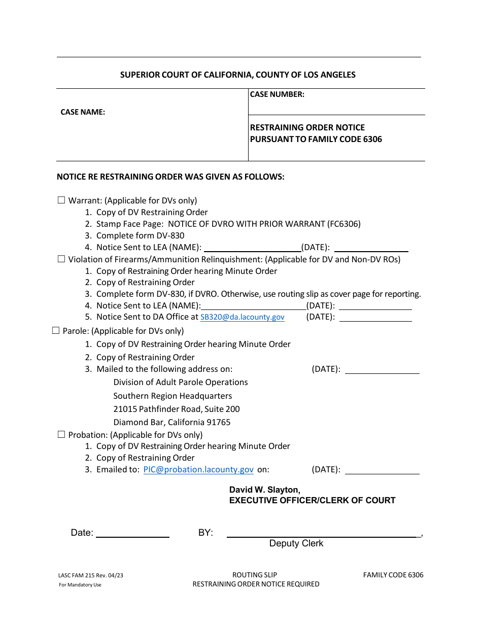 Form LASC FAM215 Restraining Order Notice Pursuant to Family Code 6306 - County of Los Angeles, California, Page 1