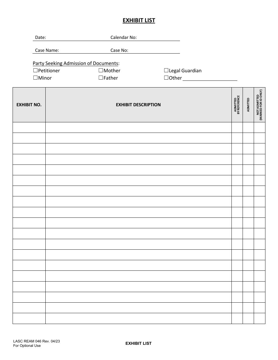 Form LASC REAM046 Exhibit List - County of Los Angeles, California, Page 1